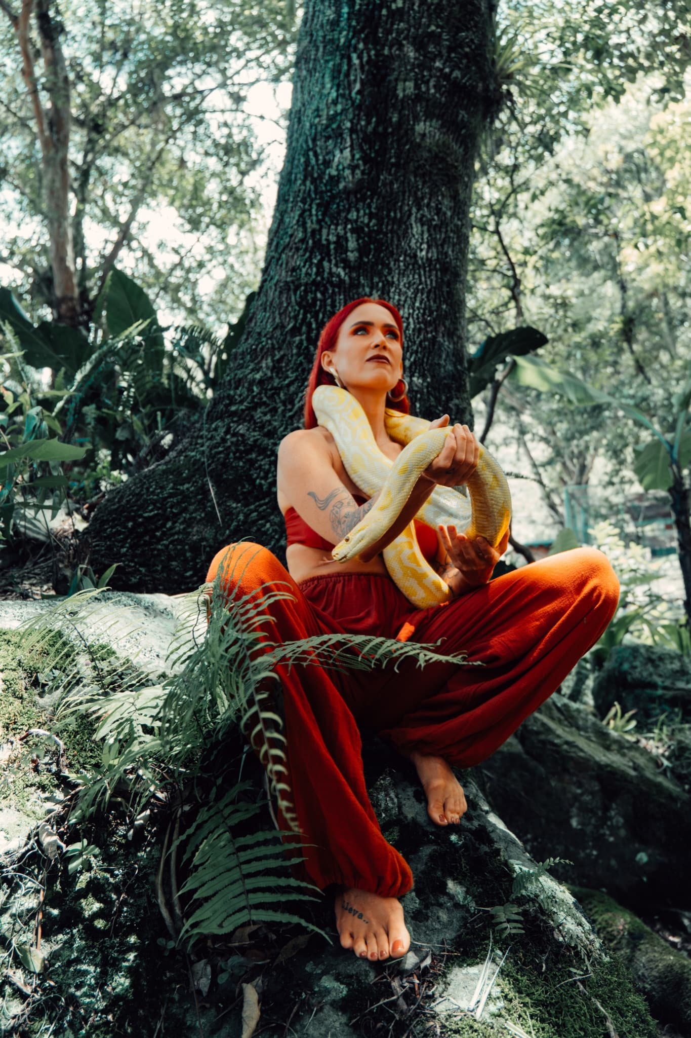 Retrato de cuerpo completo con vestuario rojo y pitón amarilla en un bosque tropical